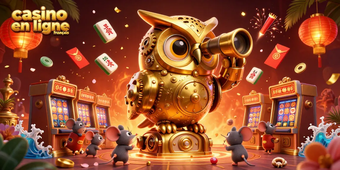 Le casino en ligne français animé avec une chouette d'horloge et des souris entre les machines à sous en cuivre.