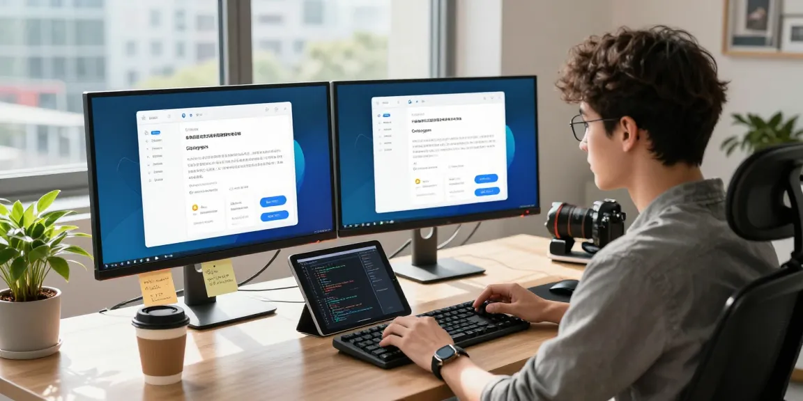 A young developer coding in a modern workspace, demonstrating telegram中文 on dual monitors for effective app development.