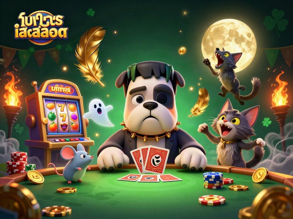 Play slots with ทดลองเล่นสล็อต in a spooky scene featuring a Frankenstein bulldog, ghost mouse, and werewolf kitten.