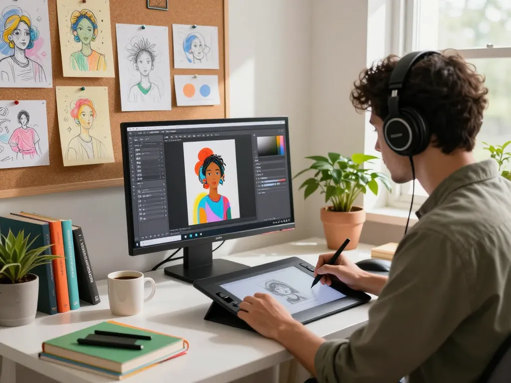Artist using the nano banana 2 AI image editor at a creative workspace surrounded by sketches and design tools.