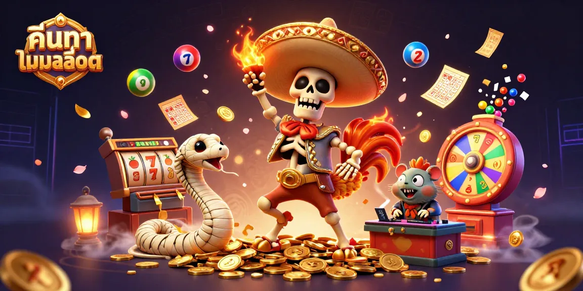 ค้นหาเกมสล็อต with a vibrant celebration of gaming elements featuring a mariachi rooster, mummy snake, and DJ hamster.