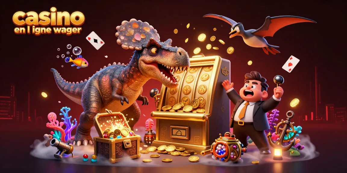 Illustration dynamique d'un casino en ligne sans wager illustrant un dinosaure et des machines à sous.