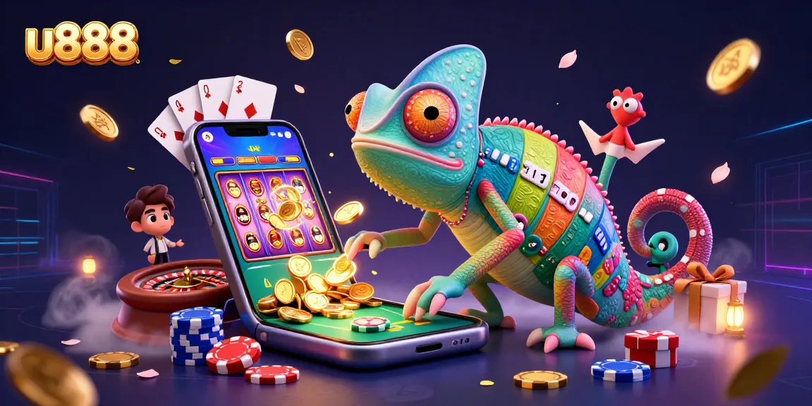 Discover engaging games at u888 with a vibrant chameleon casino owner in a dynamic gambling scene.