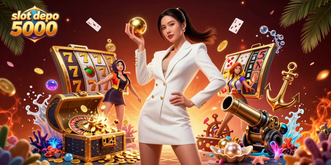 Engage in thriving gameplay with slot depo 5000, featuring vibrant casino elements and a confident dealer.