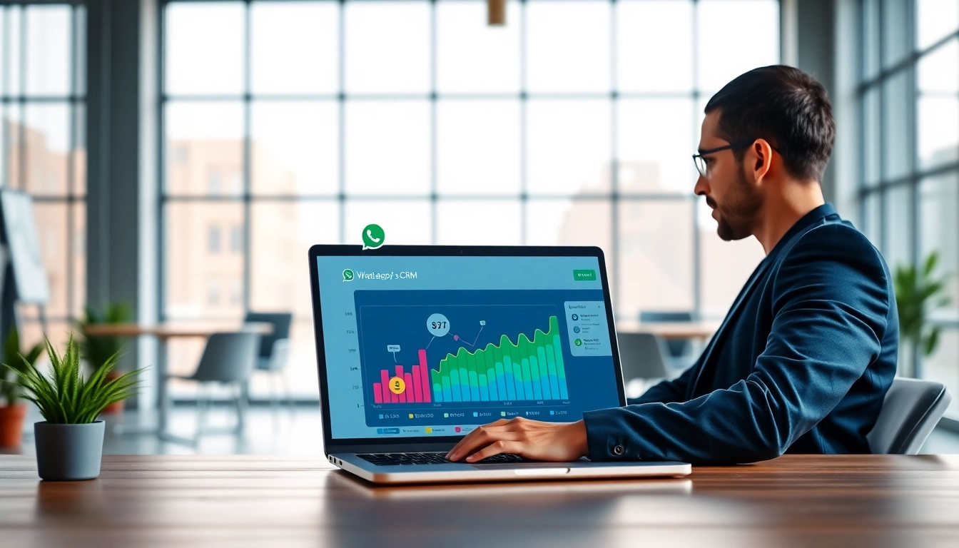 Showcase of a person engaging with the WhatsApp Business CRM on a laptop in a bright office.