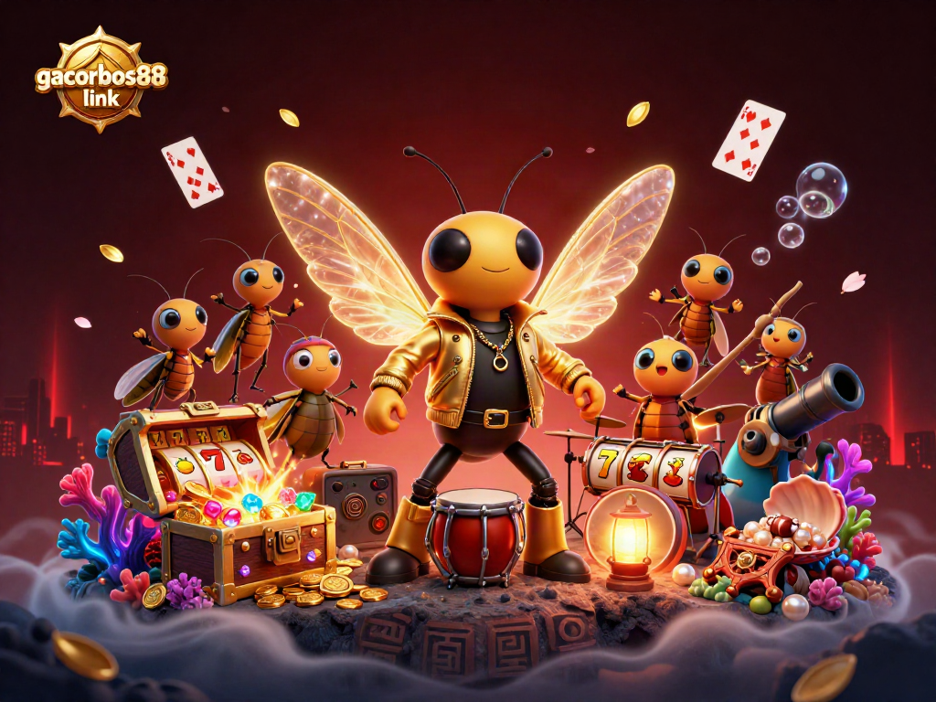Engage with the gacorbos88 link in a vibrant 3D scene depicting a rock star cicada and casino elements.