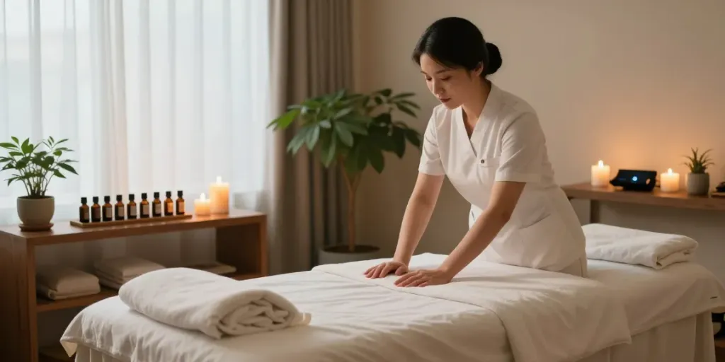 Relaxing 종로출장마사지 therapy room with candles and essential oils.