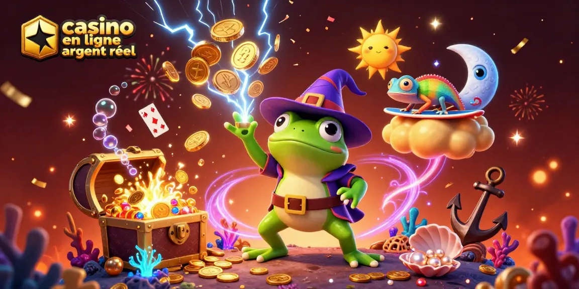 Visualisez l'expérience de casino en ligne argent réel avec des éléments de jeu comme des pièces dorées et des cartes flottantes.