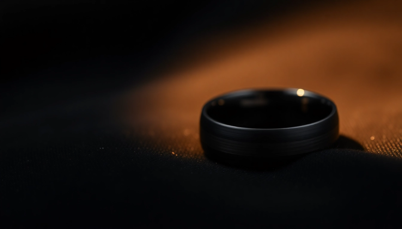 Showcasing Black Wedding Rings for Men with intricate details and polished surfaces on velvet.