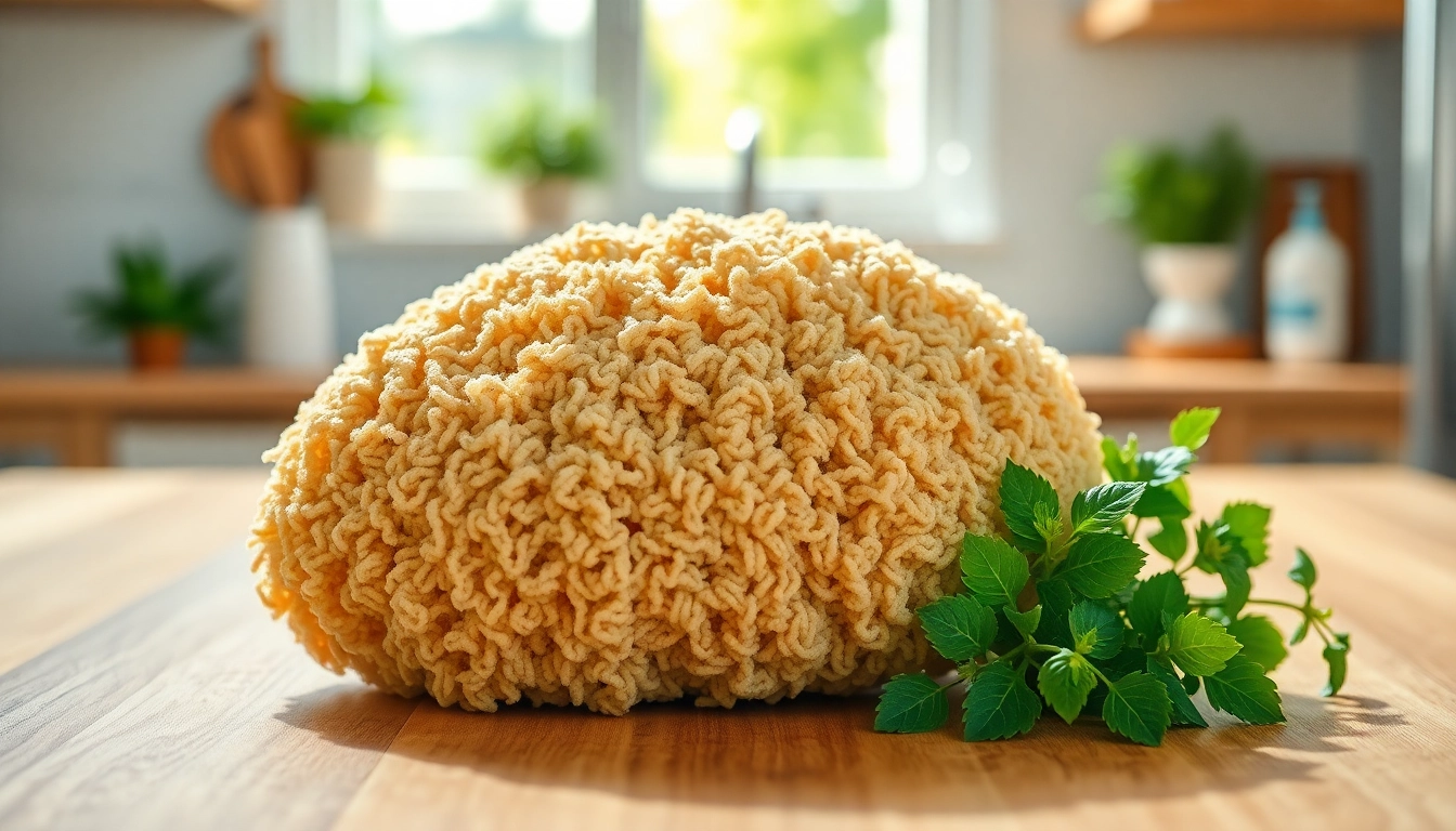Cleaning a kitchen loofah scrubber with natural fibers on a wooden countertop.