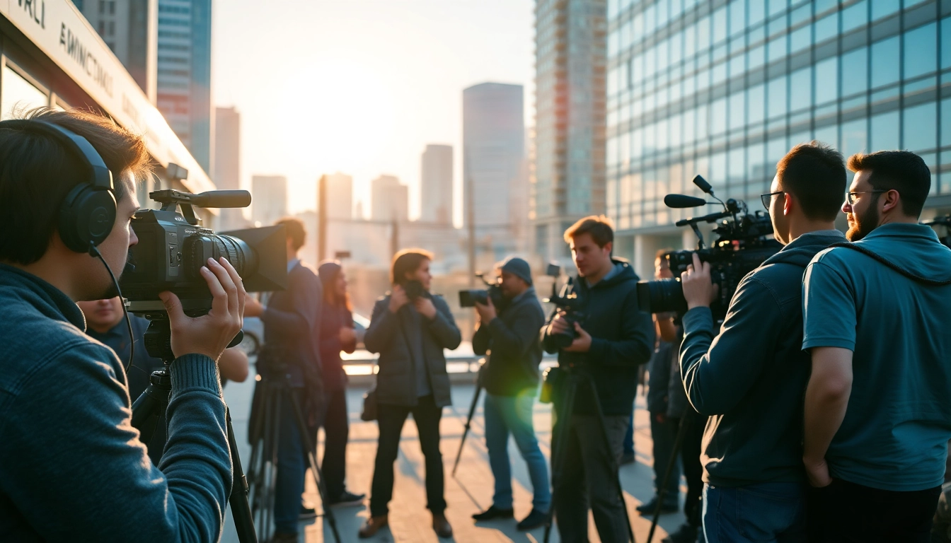 Video production edmonton team collaborating on a lively urban shoot.