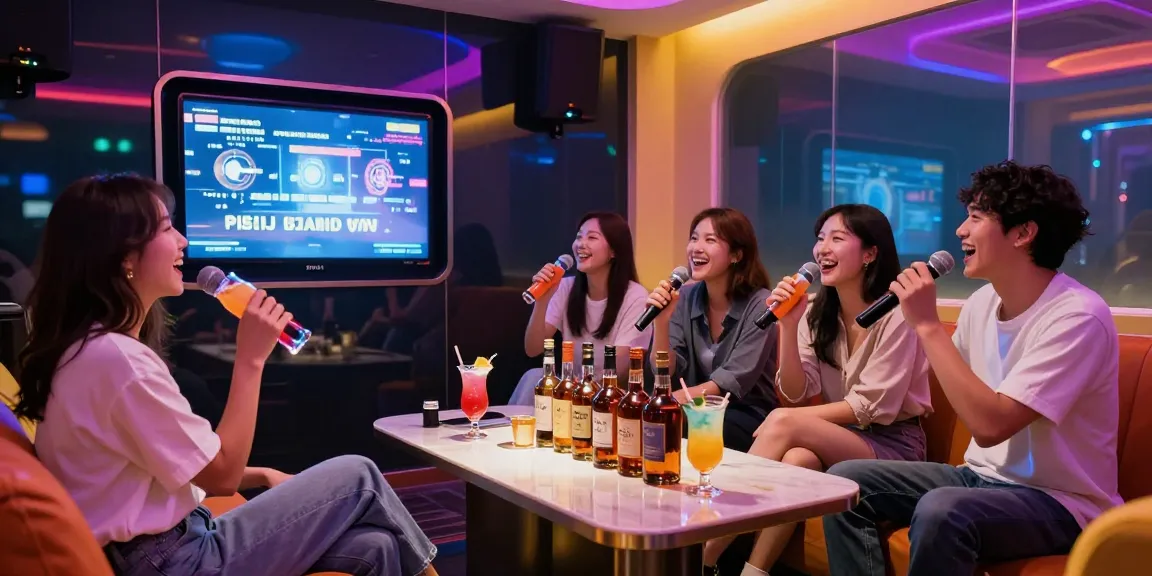 Enjoying 제주도유흥 in a lively karaoke room with friends, vibrant drinks, and colorful lighting.