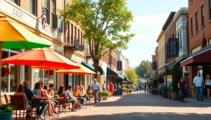 Clarksburg street scene bustling with locals and colorful storefronts.