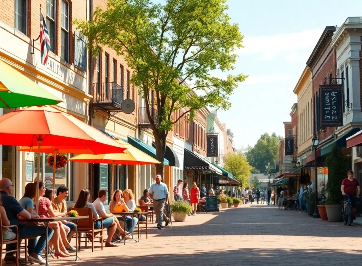 Clarksburg street scene bustling with locals and colorful storefronts.