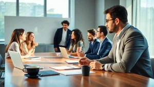 Engaging business coaching service session with diverse participants collaborating in a modern office.