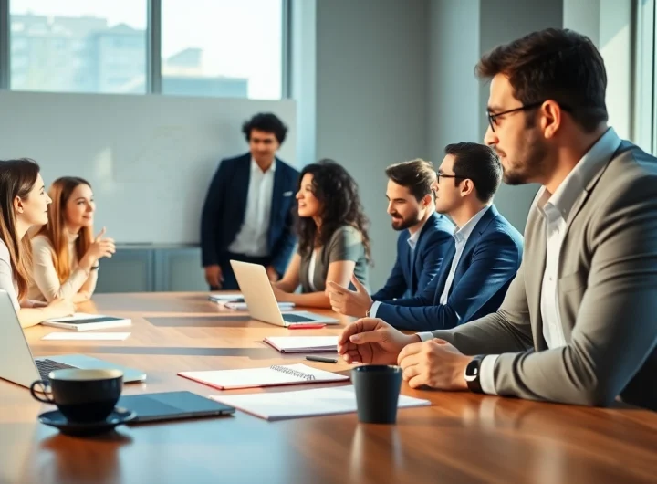 Engaging business coaching service session with diverse participants collaborating in a modern office.