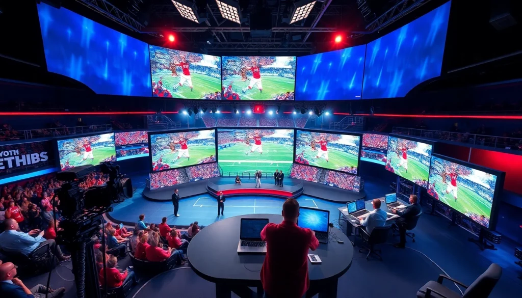 Engaging scene of sports broadcasting showcasing vibrant atmosphere and dynamic coverage.