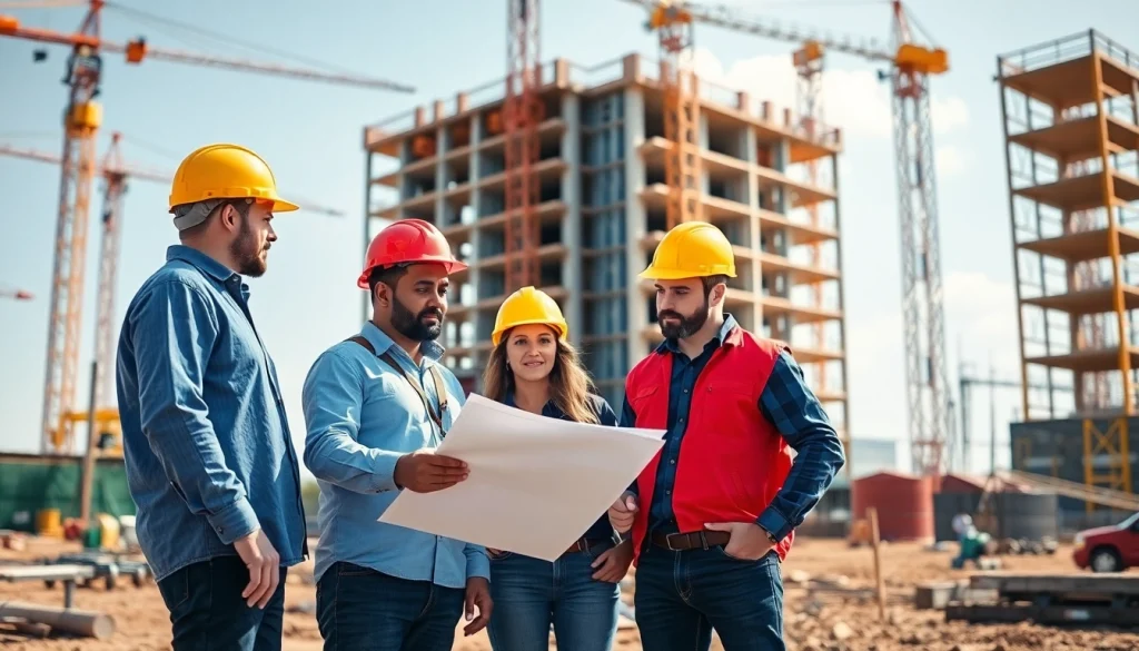 Austin construction team collaborating on-site with blueprints and cranes.