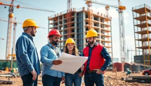 Austin construction team collaborating on-site with blueprints and cranes.