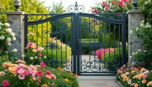 Admire custom steel gates featuring intricate designs in a beautiful garden setting.