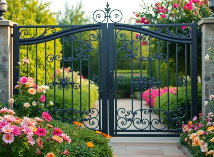 Admire custom steel gates featuring intricate designs in a beautiful garden setting.
