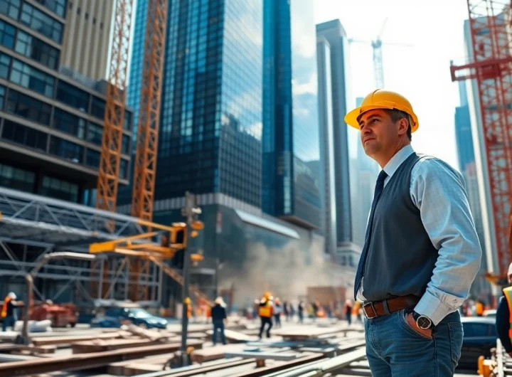 New York City Construction Manager leading a bustling urban construction project, showcasing teamwork and high-rise buildings.