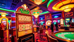 Berinteraksi dengan mesin slot demo Mahjong di tengah suasana kasino mewah yang penuh kegembiraan.