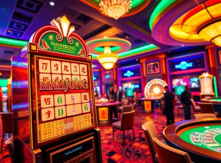 Berinteraksi dengan mesin slot demo Mahjong di tengah suasana kasino mewah yang penuh kegembiraan.