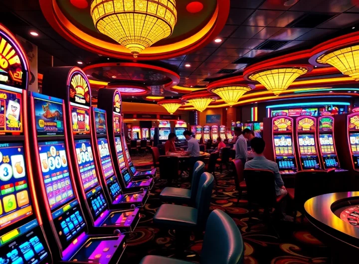 Experience the excitement of 'slot demo mahjong' at a vibrant casino, with players engaged at colorful slot machines and roulette tables.