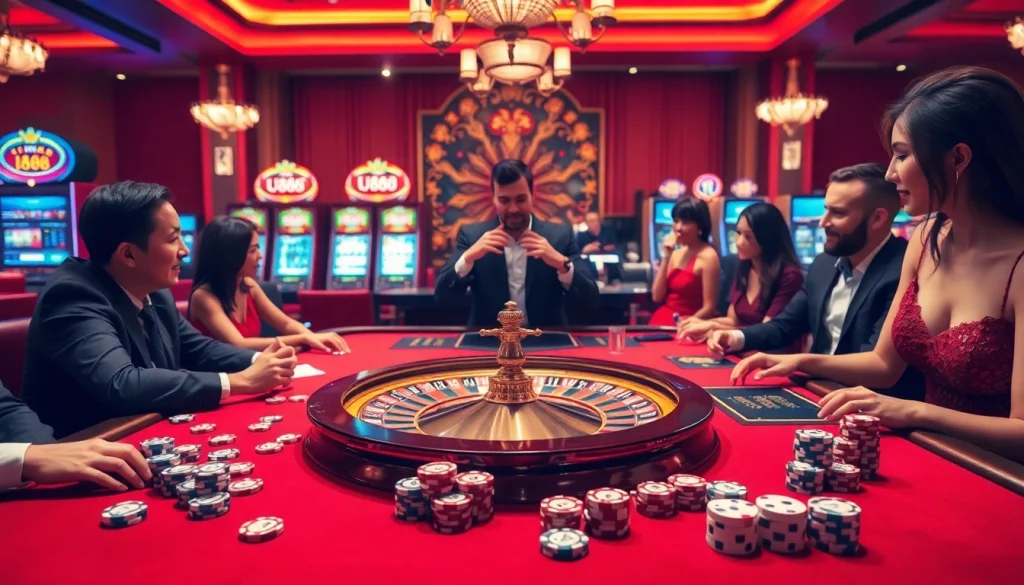 U888 players engaged in a thrilling game at a luxury casino table with vibrant slot machines.