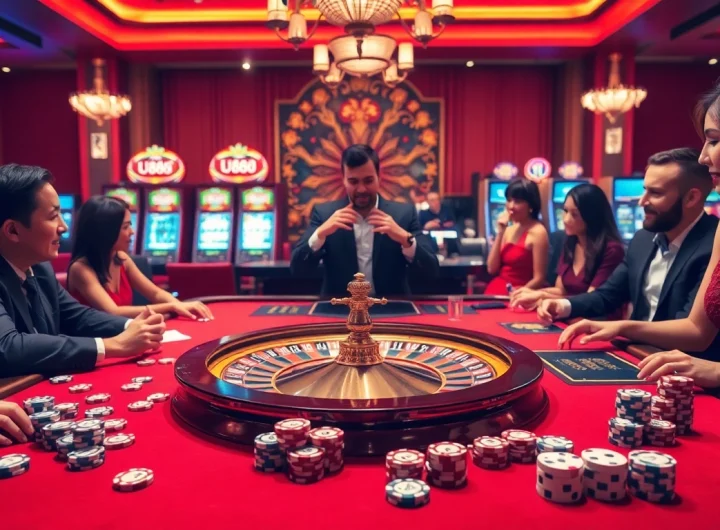 U888 players engaged in a thrilling game at a luxury casino table with vibrant slot machines.
