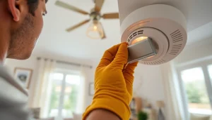 Replace the smoke detector battery while ensuring safety in a well-lit home environment.