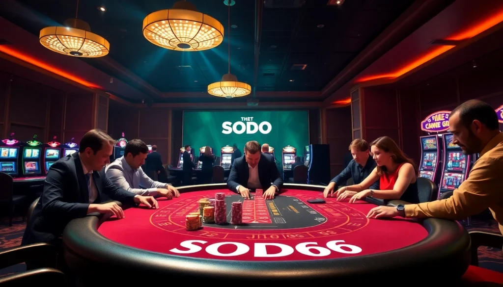 Players engaging in a high-stakes game at the SODO66 casino table with vibrant lighting.