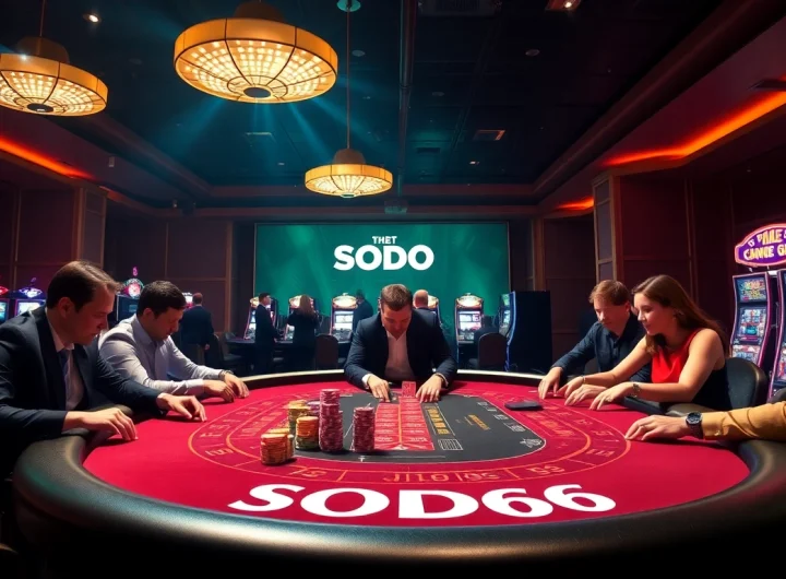 Players engaging in a high-stakes game at the SODO66 casino table with vibrant lighting.