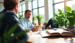 Environmental law firm attorney engaging clients in a modern office with greenery.
