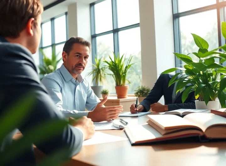 Environmental law firm attorney engaging clients in a modern office with greenery.