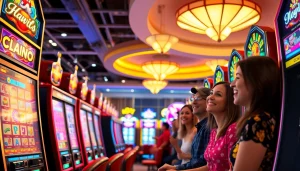 Menampilkan permainan slot depo 1k dengan berbagai mesin slot yang berwarna-warni di kasino yang ramai.