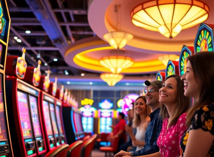 Menampilkan permainan slot depo 1k dengan berbagai mesin slot yang berwarna-warni di kasino yang ramai.