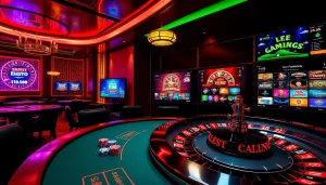A vibrant casino scene at the b52 club showcasing a roulette wheel and poker games.