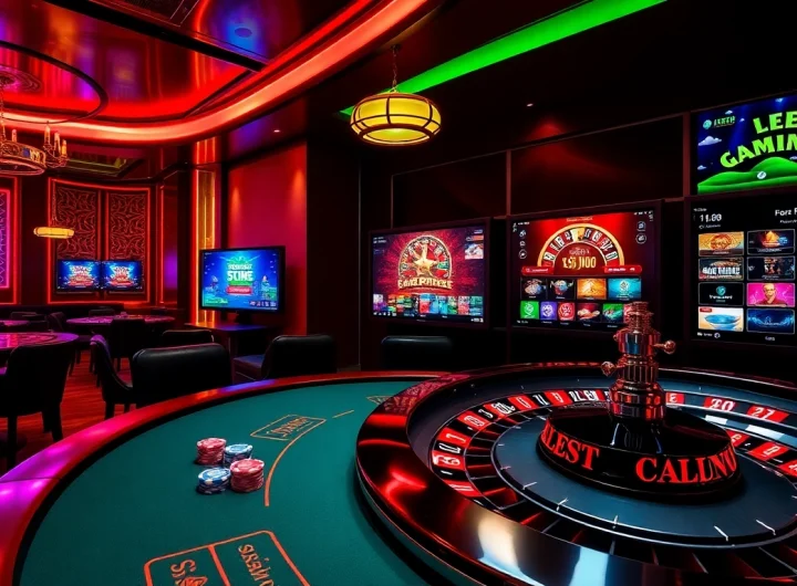 A vibrant casino scene at the b52 club showcasing a roulette wheel and poker games.