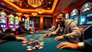 Players enjoying a lively Idnslot gaming atmosphere with vibrant slot machines and poker chips.