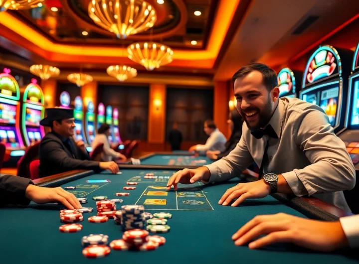 Players enjoying a lively Idnslot gaming atmosphere with vibrant slot machines and poker chips.