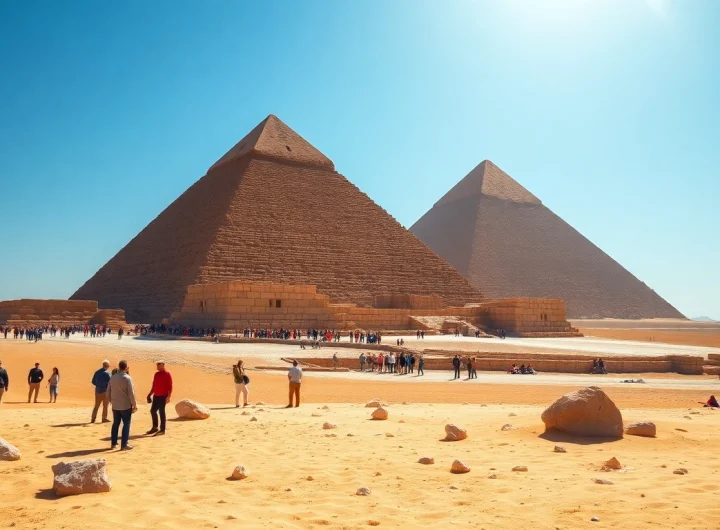 Experience the grandeur of the piraminds against a clear blue sky with tourists in the foreground.