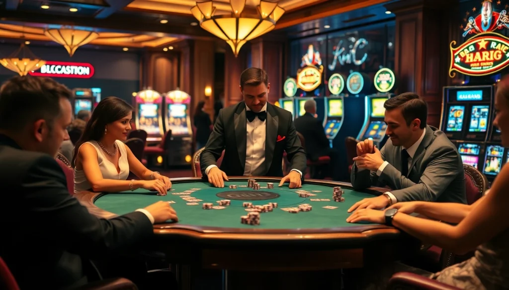 Poker players intensely strategizing their next move at KJC Global's premier gaming table.