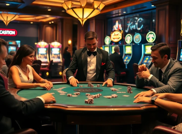 Poker players intensely strategizing their next move at KJC Global's premier gaming table.