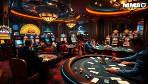 Engage in thrilling games at https://mm88.fun/ casino, showcasing vibrant tables and excited players.