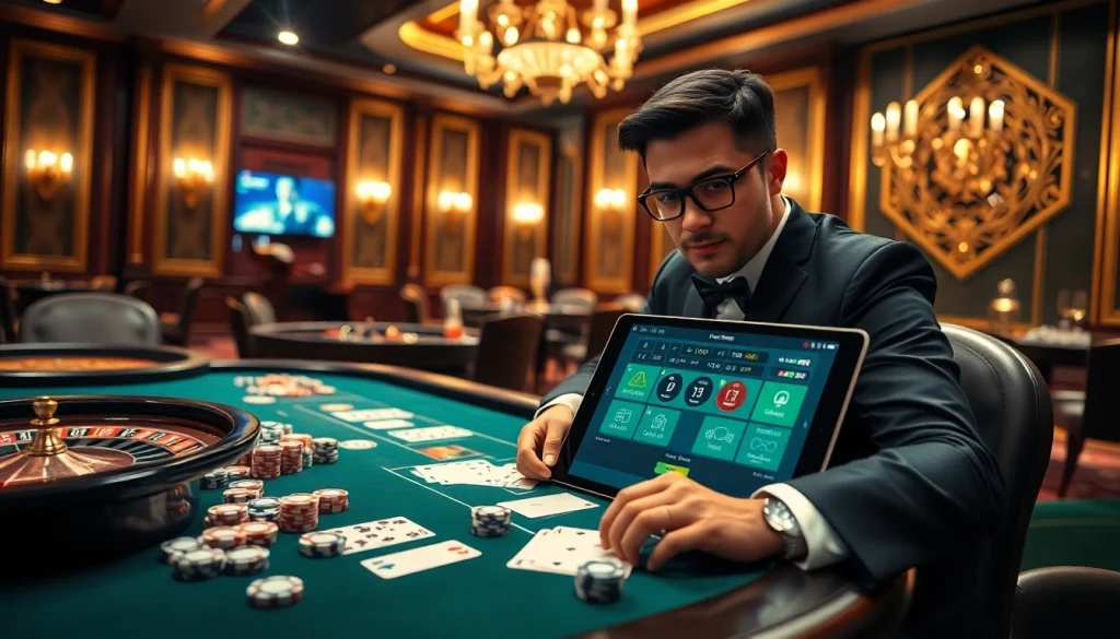 Gambler engaging in llink alternatif sbobet while playing at a luxurious casino poker table.