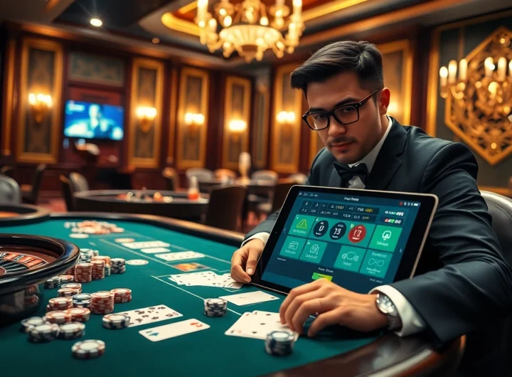 Gambler engaging in llink alternatif sbobet while playing at a luxurious casino poker table.