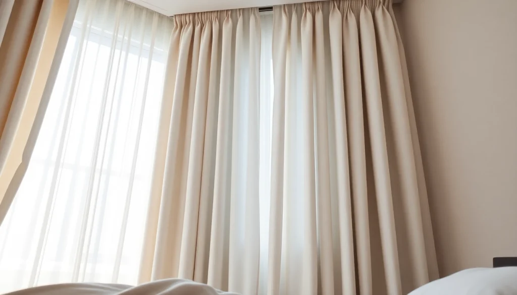 Verduisterende gordijnen creëren een rustige en serene slaapkamer omgeving.