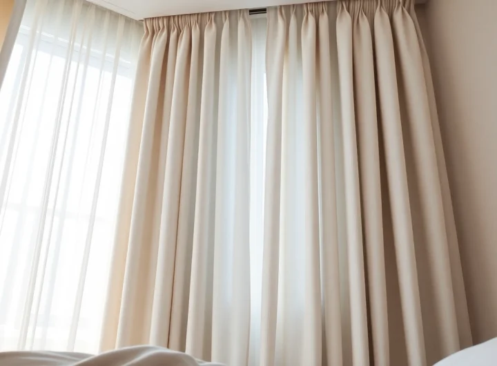 Verduisterende gordijnen creëren een rustige en serene slaapkamer omgeving.